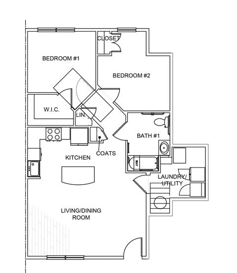 Floor plan for 2 beds, 1 bath, 902 sqft